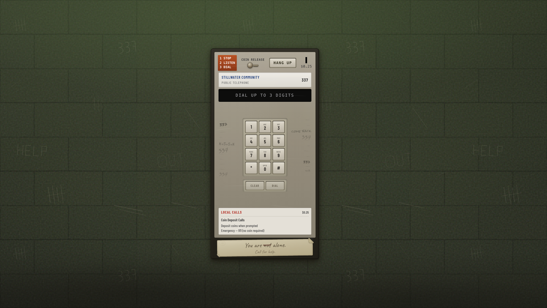 A payphone mounted on a wall in a dim corridor.